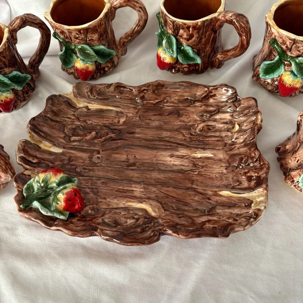 Vintage ceramic strawberry 6 mug set with serving tray apple tree dining home